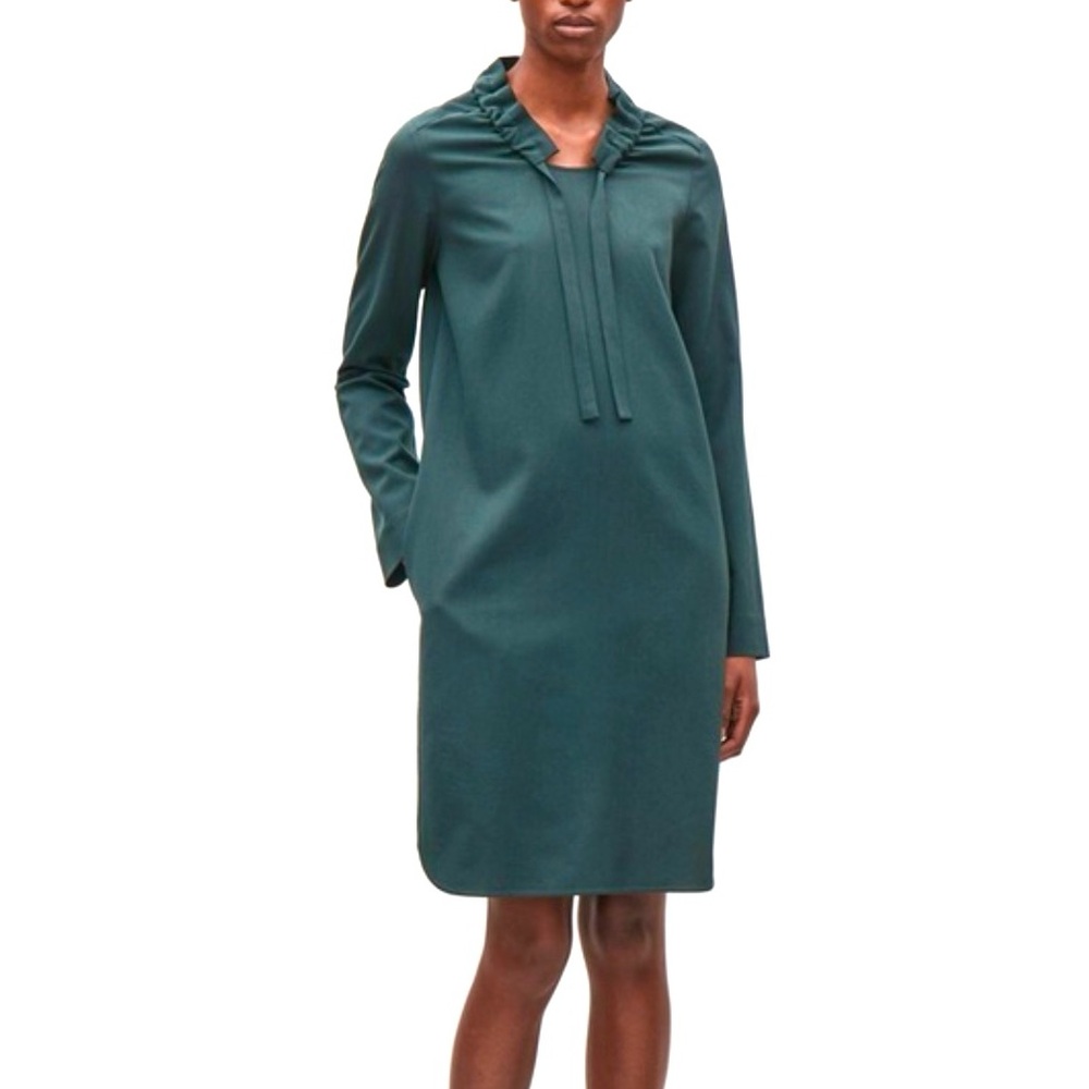 COS Ruched Neck Wool Dress - Dark Green